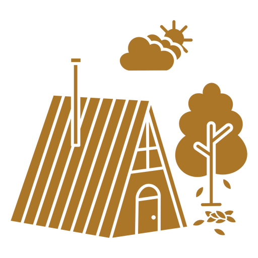 Cabaña de madera y un árbol. Diseño PNG