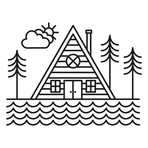 Triangular cabin and winter pine trees stroke