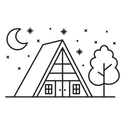Cabaña triangular con árbol de trazo nocturno Diseño PNG