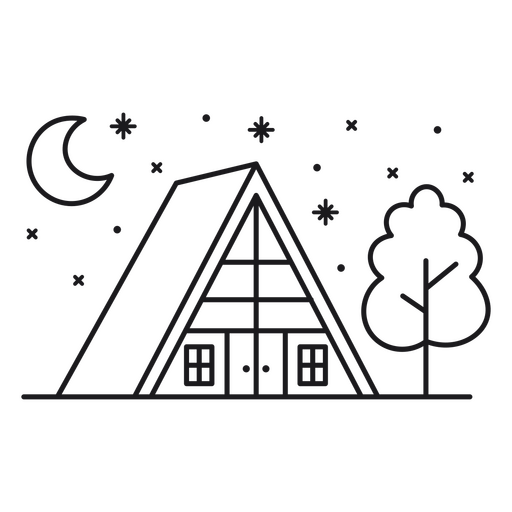 Triangular cabin with tree at night stroke PNG Design