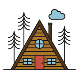 Trazo de color de cabaña triangular y árboles de invierno. Diseño PNG