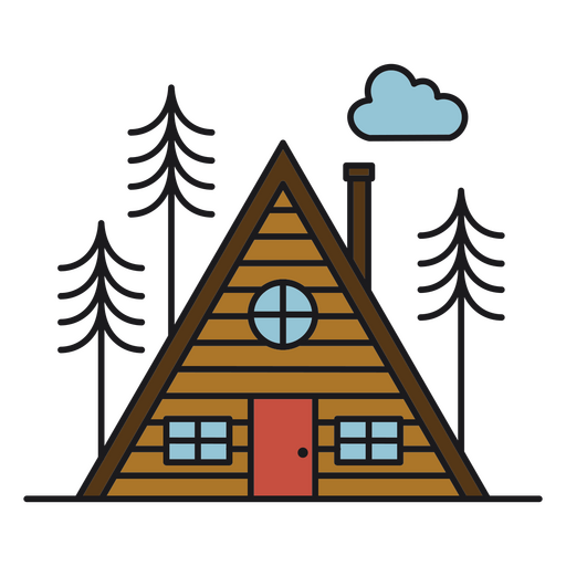 Triangular cabin and winter trees color stroke  PNG Design