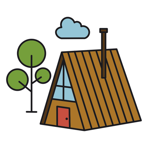 Cabina triangular y trazo de color de árbol redondo. Diseño PNG