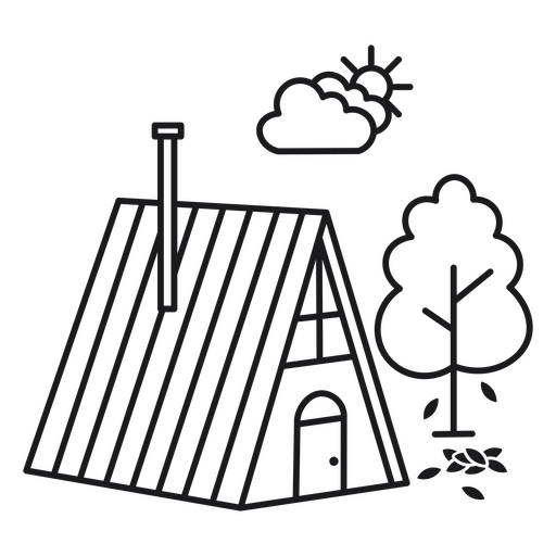 Cabaña piramidal con trazo de sol y nubes Diseño PNG