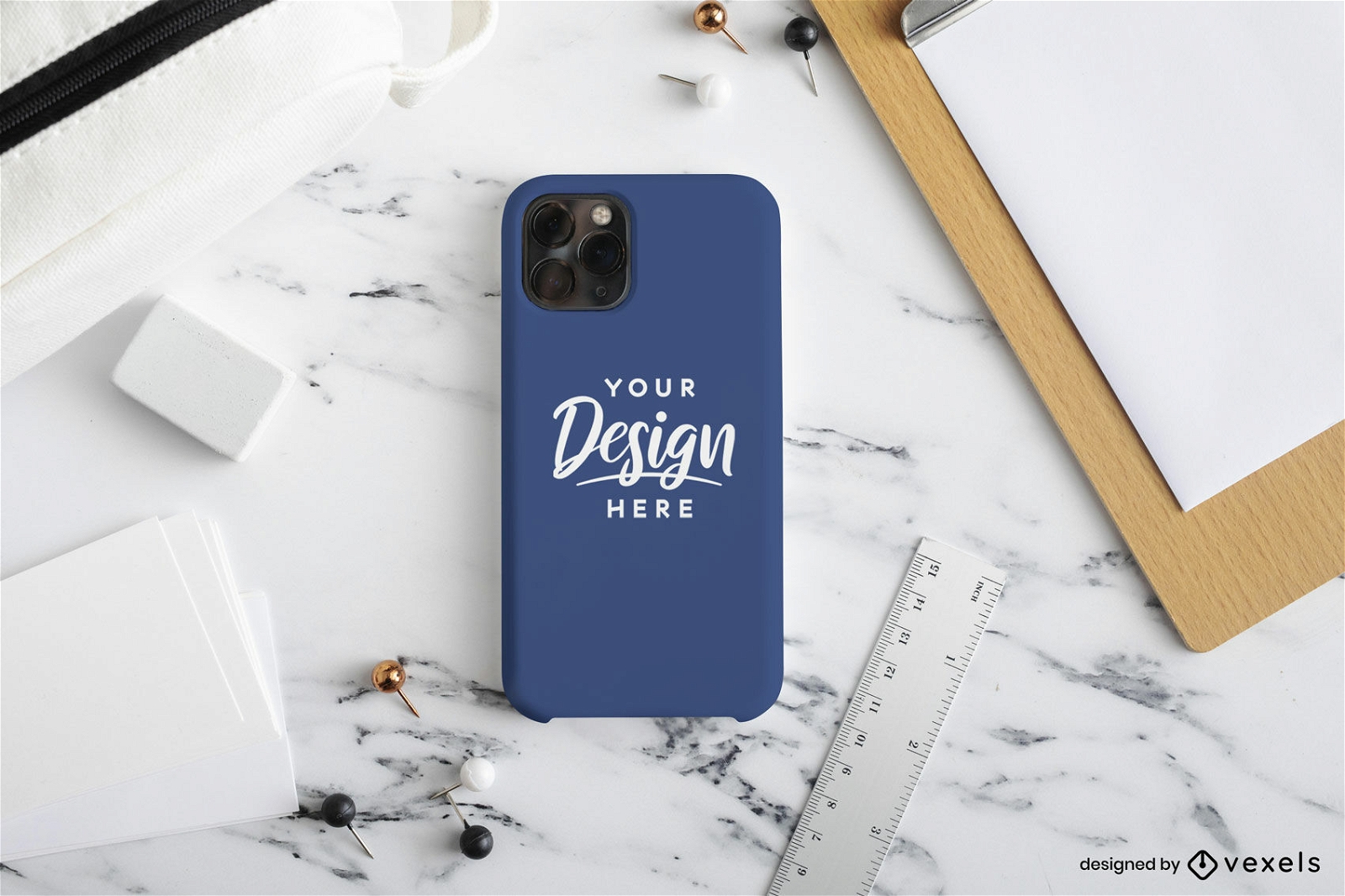 Blue phone case mockup in marble table