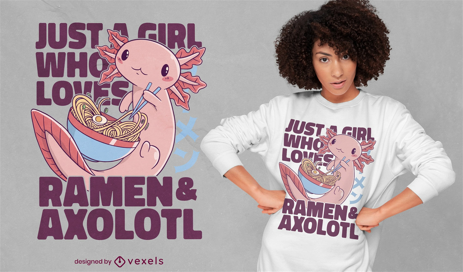 M?dchen, das Axolotl- und Ramen-T-Shirt-Design liebt