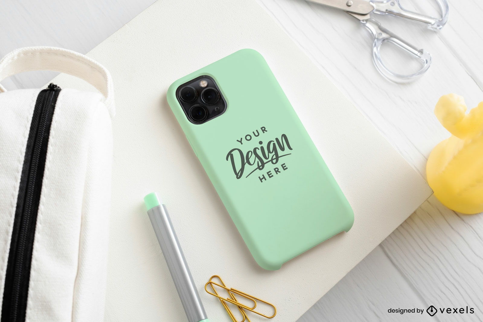 Light green phone case mockup in table