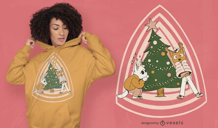 Gatos com design de t-shirt de árvore de natal