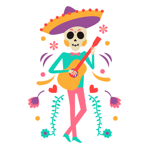 Mexican Otomi Skeleton with Guitar PNG Design