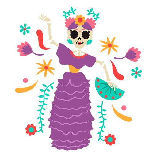 Esqueleto de mujer mexicana otomí bailando Diseño PNG