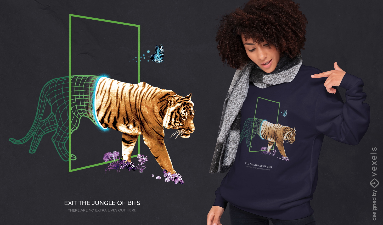 Diseño de camiseta psd cyber tiger wireframe