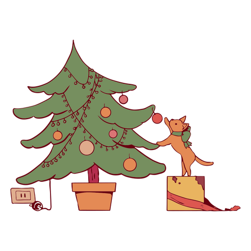 Christmas tree color stroke cat PNG Design