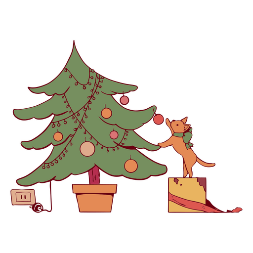 Gato de traço de cor de árvore de natal Desenho PNG