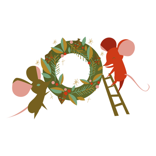 Kranz und Mäuse flache Weihnachtselemente PNG-Design