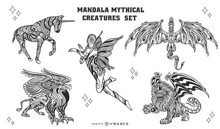 Conjunto de criaturas míticas de mandala fresco