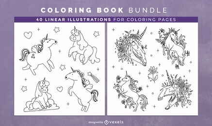 Páginas de design de livro para colorir de unicórnio fofo