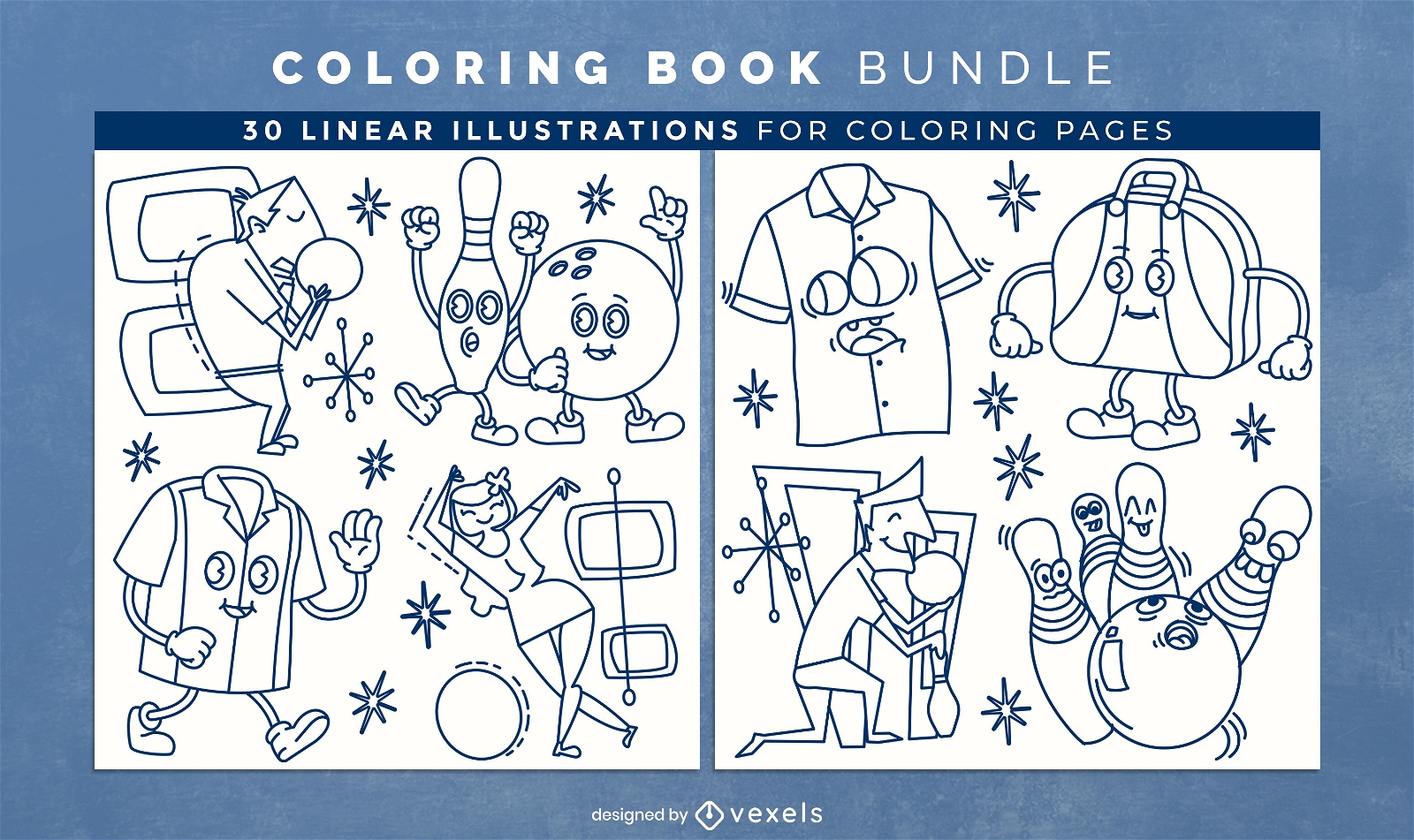 Páginas de design de livro para colorir de esporte de boliche