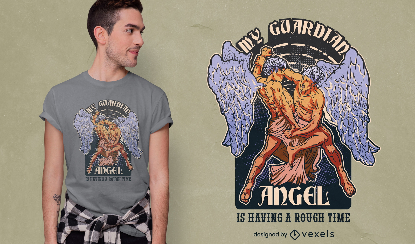 O anjo da guarda luta com o design de camisetas engraçadas