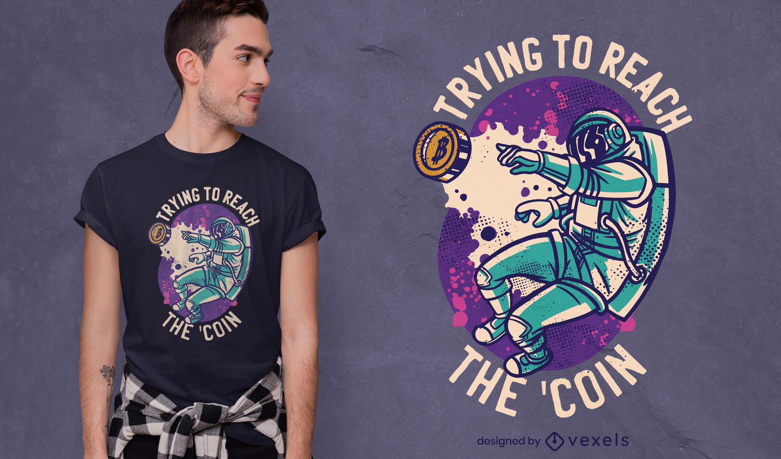 Astronauta espacial com design de camiseta criptográfica