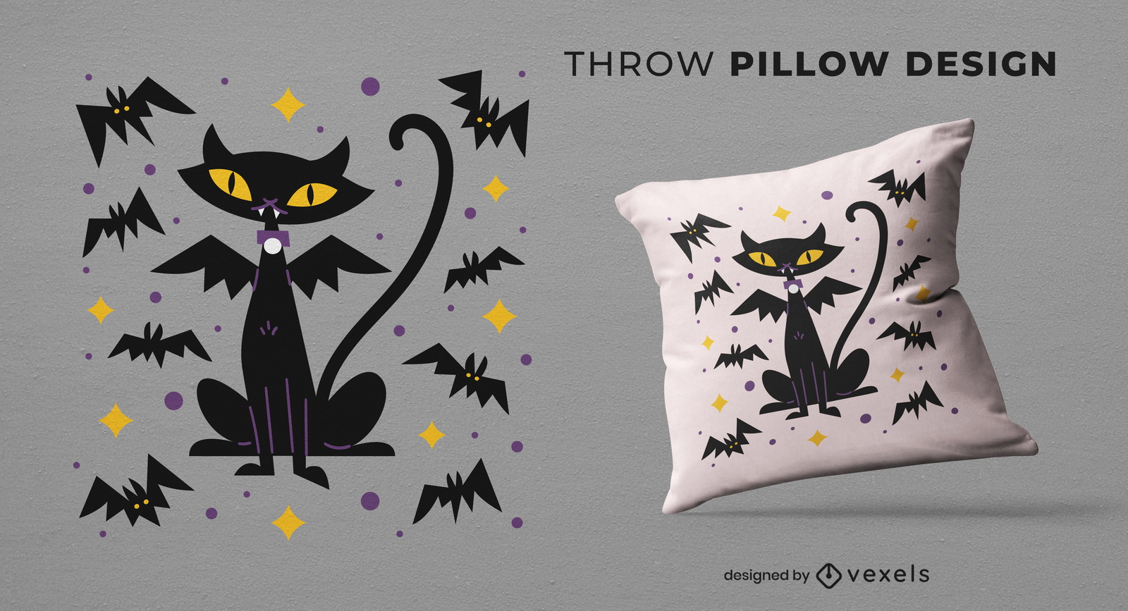 Diseño de almohada de tiro de Halloween de gato vampiro