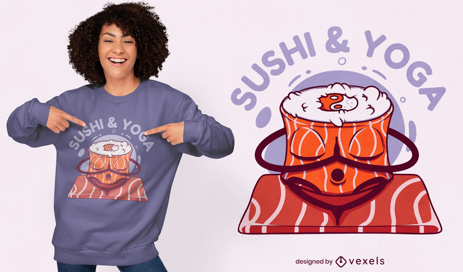 Diseño de camiseta de sushi y yoga.