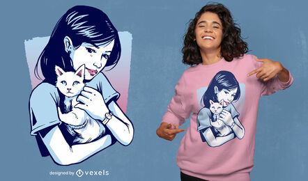 Linda garota segurando o desenho de uma camiseta de gato