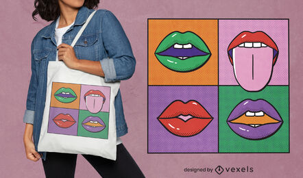Bocas de pop art pintando design de sacola