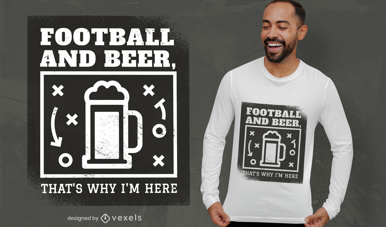 Diseño de camiseta de fútbol, deporte y bebida de cerveza.