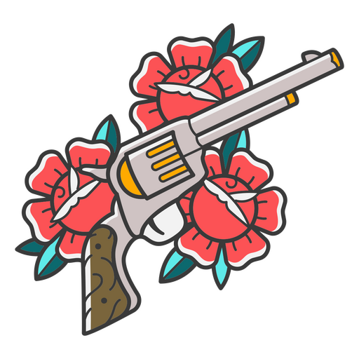 Traditional Tattoo Pistol with Flowers PNG Design