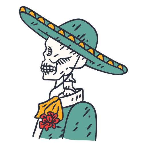 Day of the dead skeleton with hat color stroke PNG Design