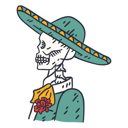 Esqueleto del día de muertos con trazo de color de sombrero. Diseño PNG