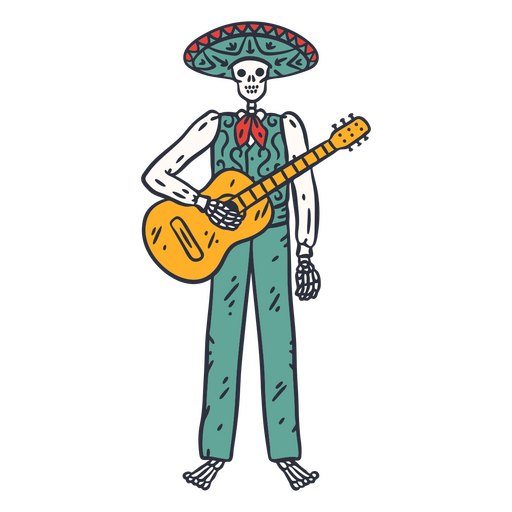 Trazo de color del guitarrista esqueleto del día de los muertos. Diseño PNG