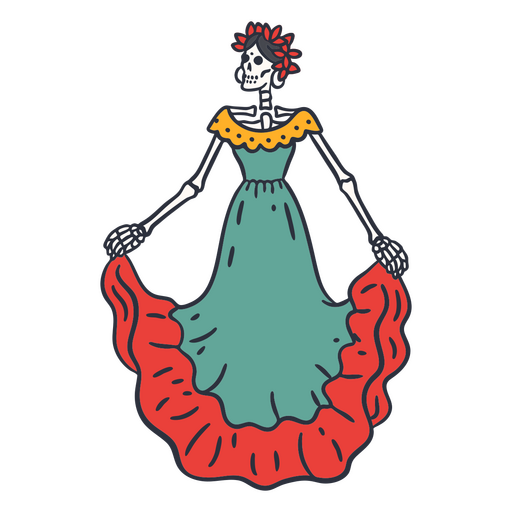 Trazo de color esqueleto femenino del d?a de los muertos. Diseño PNG