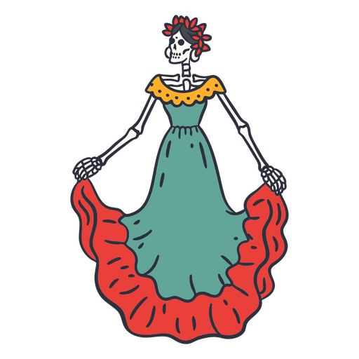 Trazo de color esqueleto femenino del día de los muertos. Diseño PNG