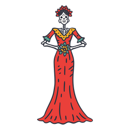 Día de muertos elegante esqueleto mujer trazo de color. Transparent PNG