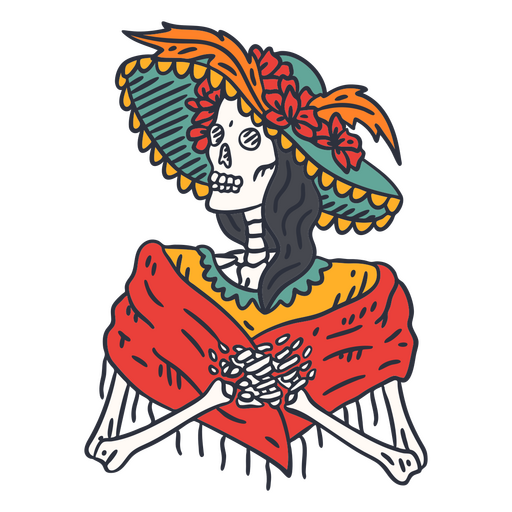 Day of the dead woman skeleton color stroke PNG Design