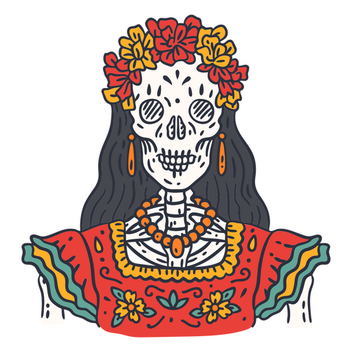 Day of the dead floral skeleton woman color stroke PNG Design