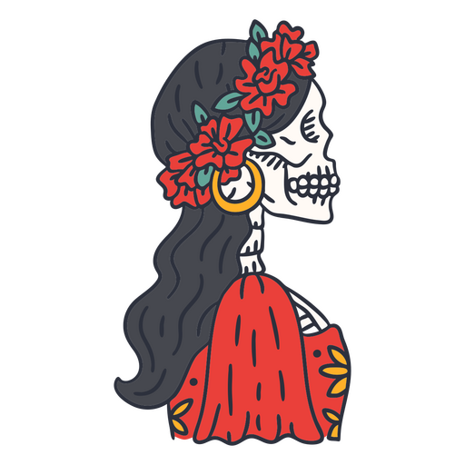 Trazo de color de perfil de esqueleto del d?a de la mujer muerta Diseño PNG