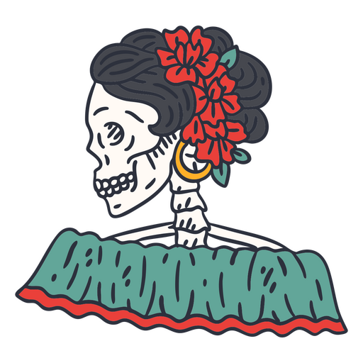 Trazo de color de perfil de esqueleto femenino del día de los muertos Diseño PNG