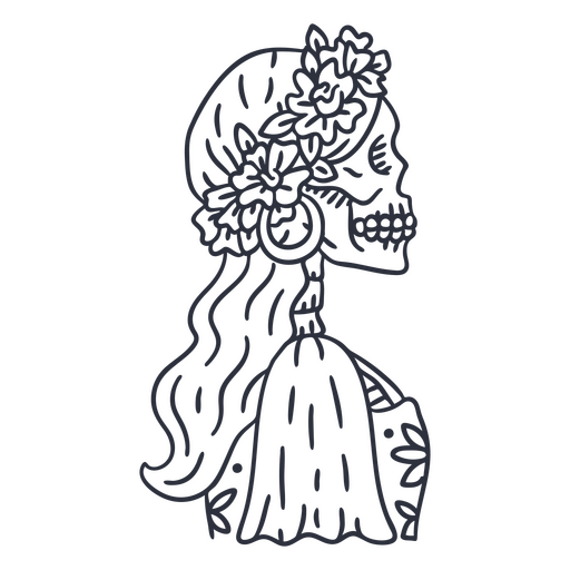 Day of the dead floral skeleton woman stroke PNG Design