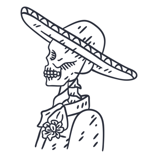 Day of the dead skeleton man with hat stroke PNG Design