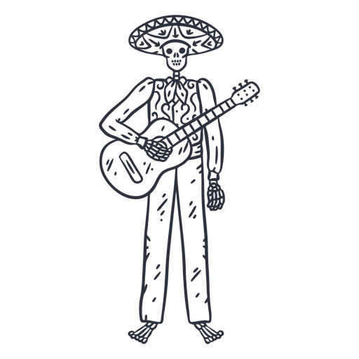 Golpe de guitarrista esqueleto del día de los muertos. Diseño PNG