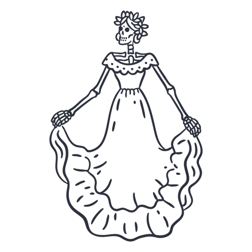 Day of the dead skeleton woman holding her dress stroke PNG Design