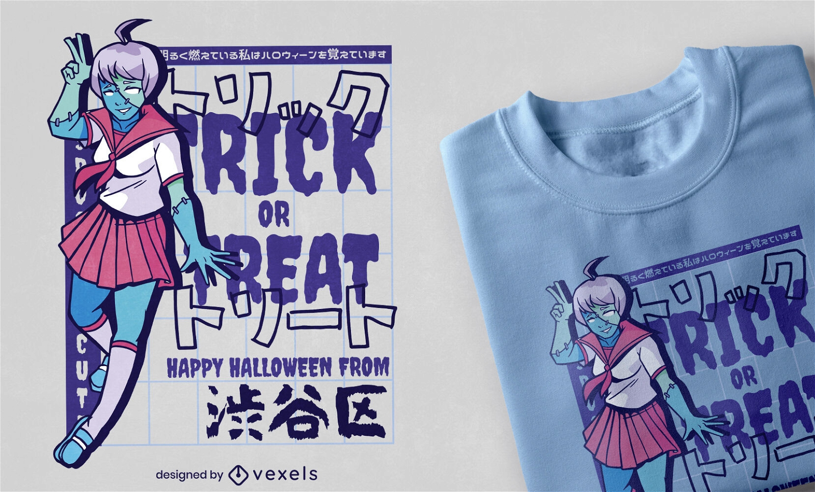 Design de camiseta de menina anime azul para Halloween