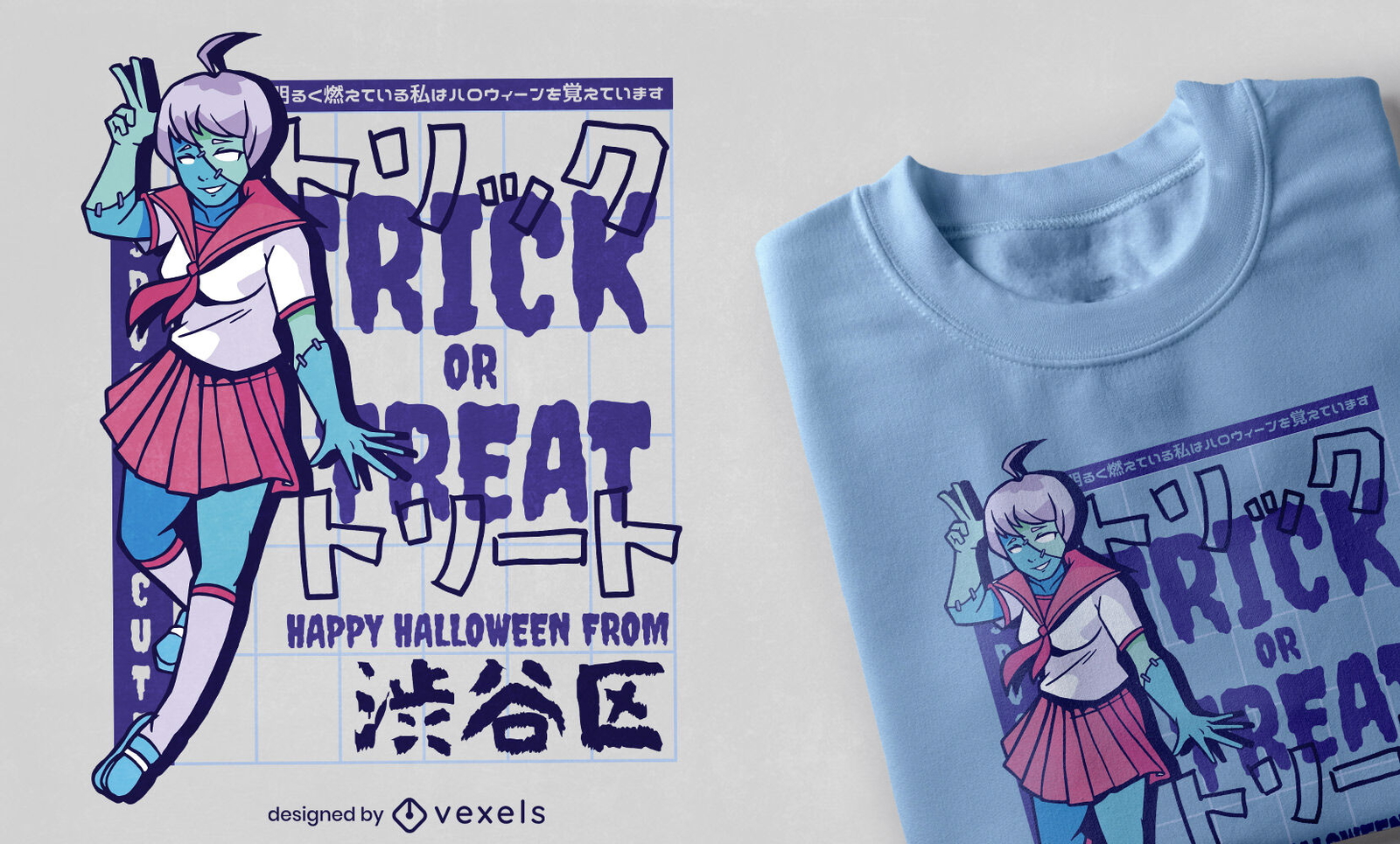 Diseño de camiseta de chica anime azul de halloween