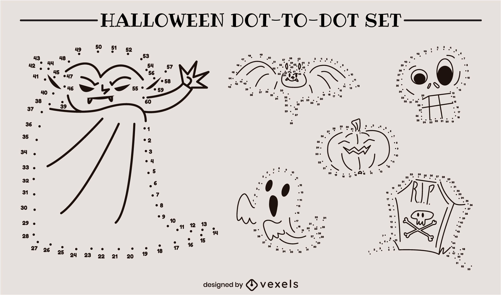 Spooky Halloween dot to dot illustrations set 