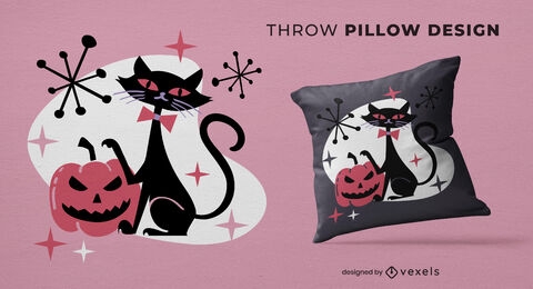 Black cat halloween throw pillow design