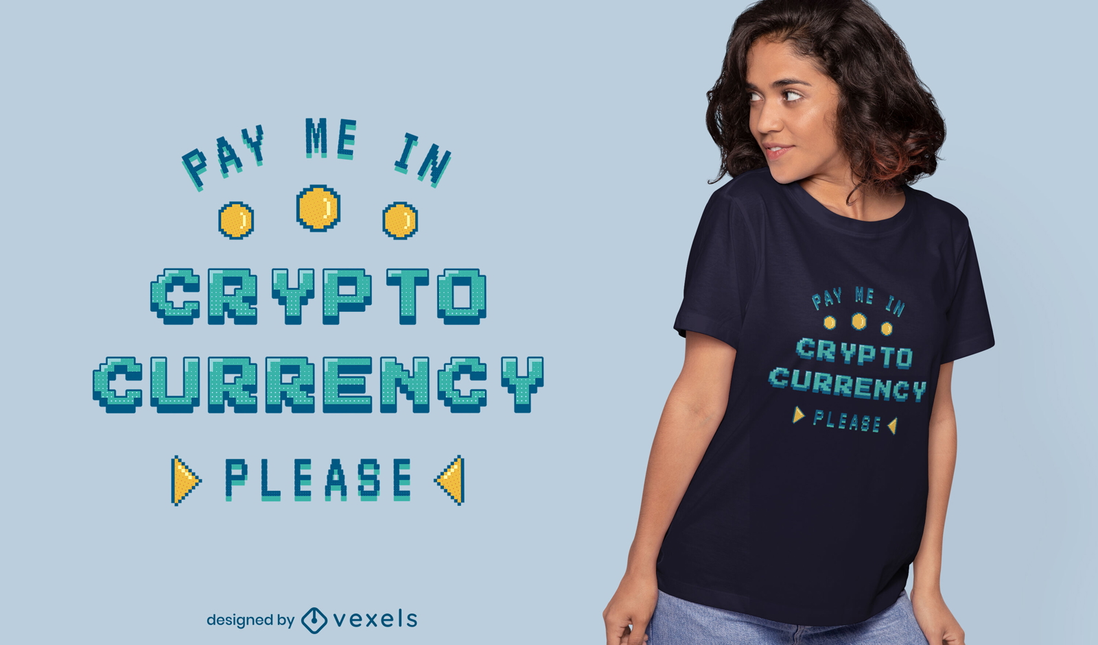 Design de camiseta com citação de pixel art em criptomoeda