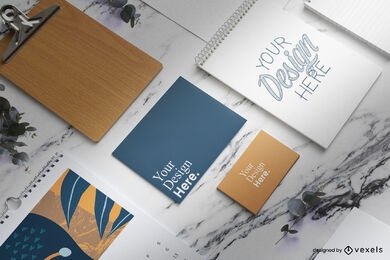 Stationary branding elements in marble table mockup
