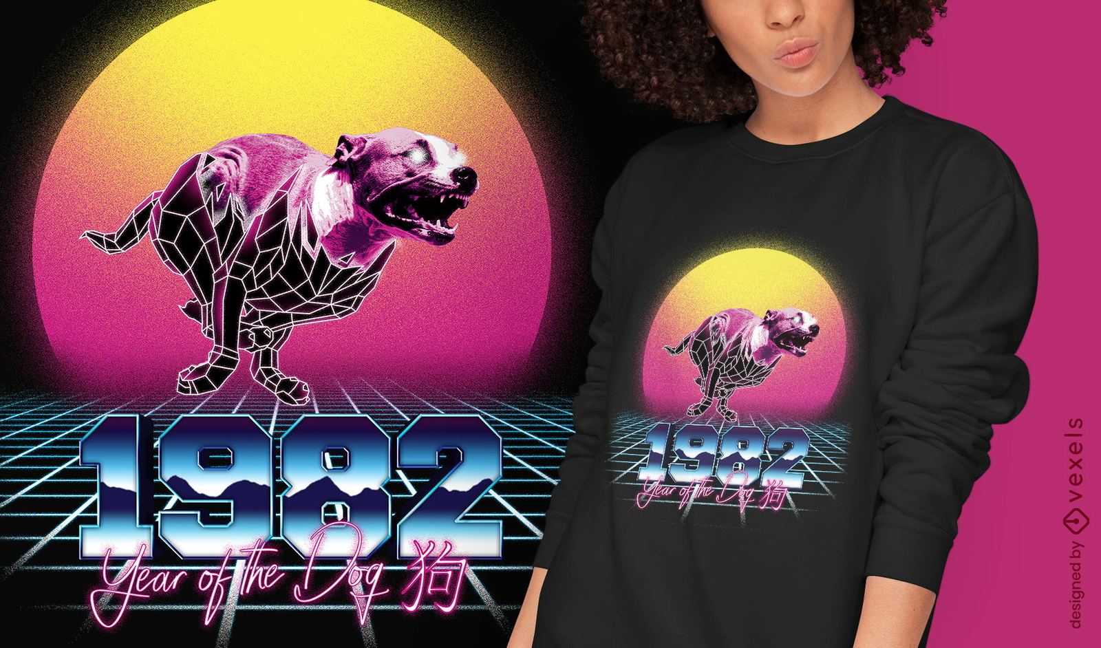 Camiseta cão chinês retrowave zodíaco psd